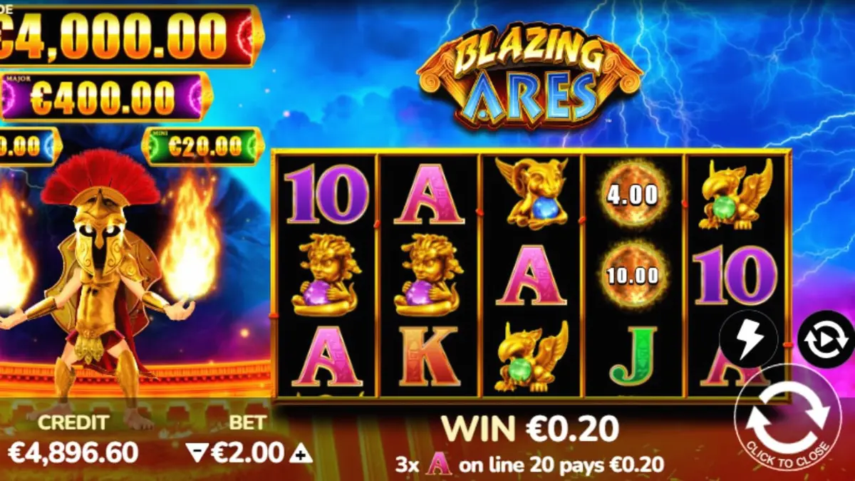 Interface do slot Blazing Ares com tema de mitologia grega e chamas